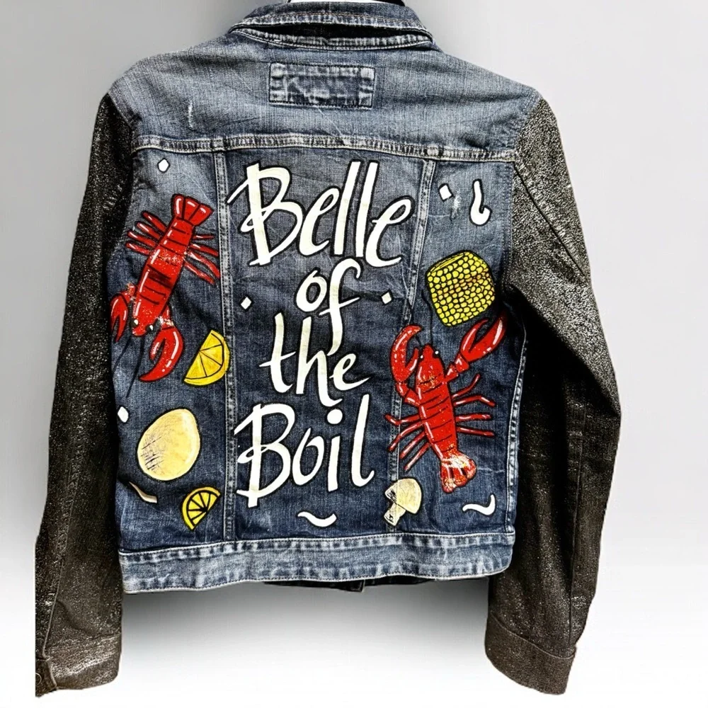 Get Ready to Boil in Style: Hand-Painted Jean Jacket 'Belle of the Boil'! Size S - Picture 13 of 16